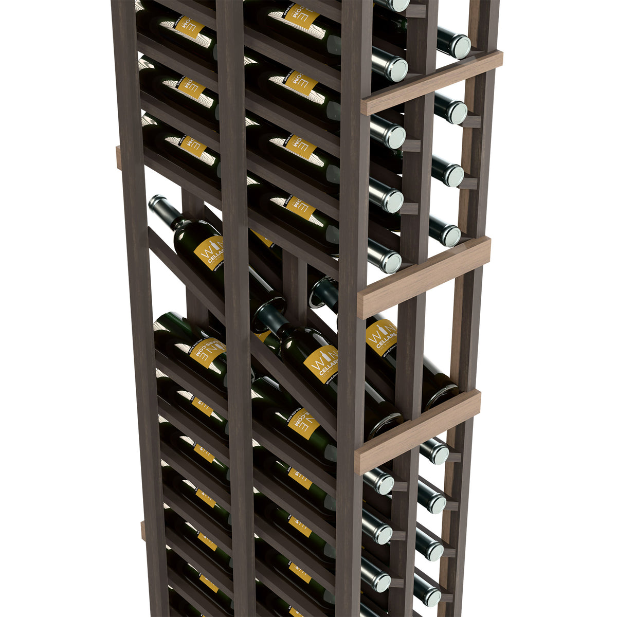 Wine rack corner view showing bottle slots, dark frame, and metal bottle rests
