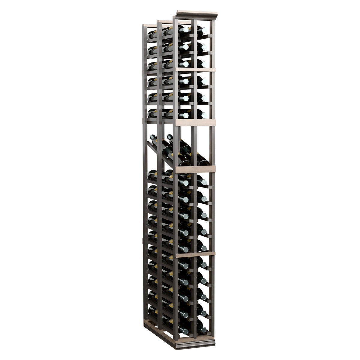 Tall wine display rack with two columns of bottle holes and open front, dark frame