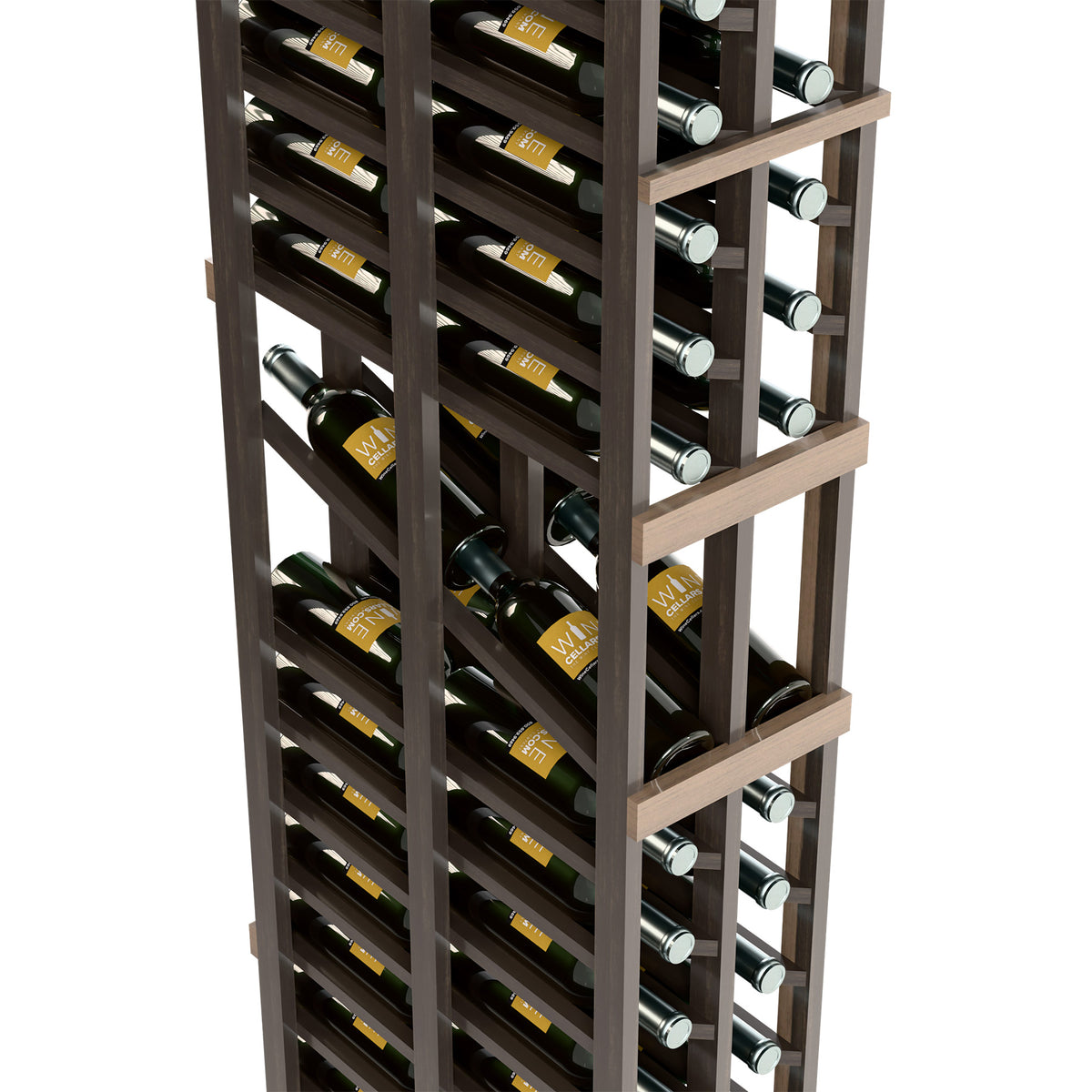 Wine rack close-up with bottle storage rows, dark frame, and metal wine bottle pegs