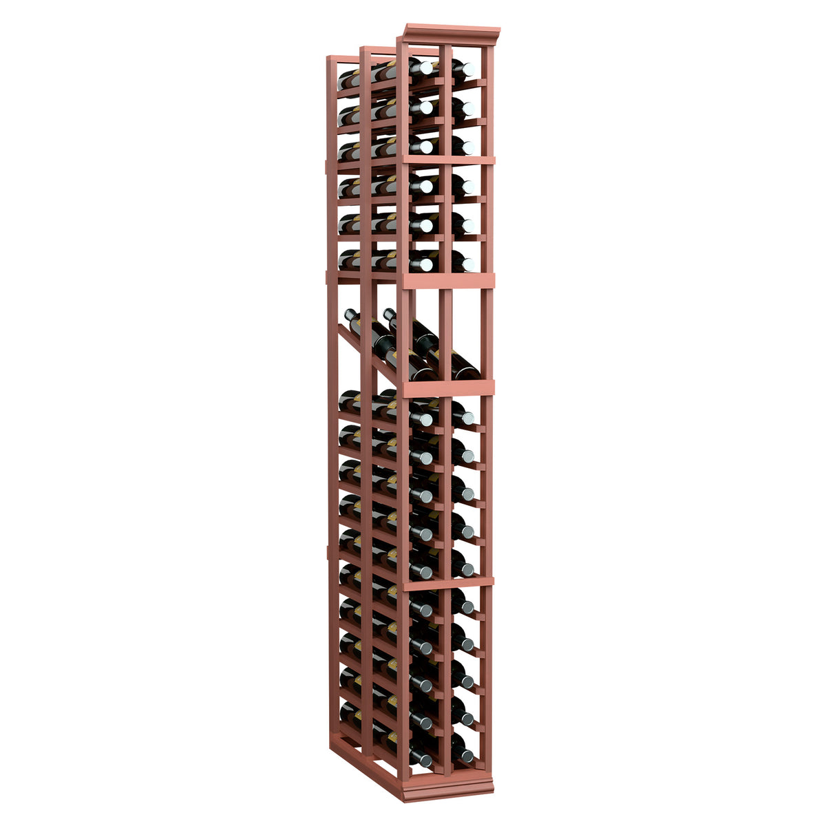 Tall wine display rack with two columns of bottle slots and open front, reddish-brown frame
