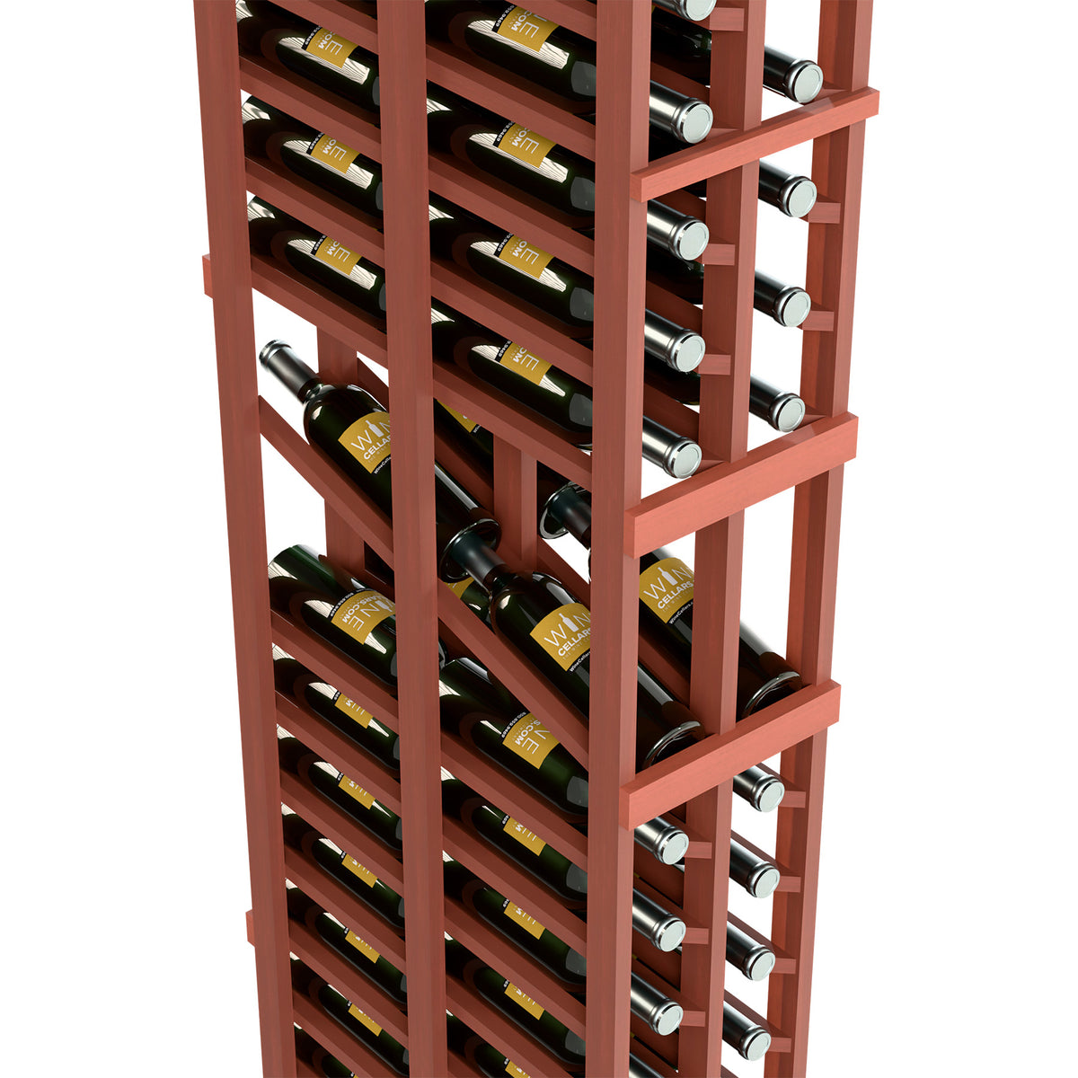 Wine rack corner view showing bottle rows, reddish-brown frame, and metal bottle rests