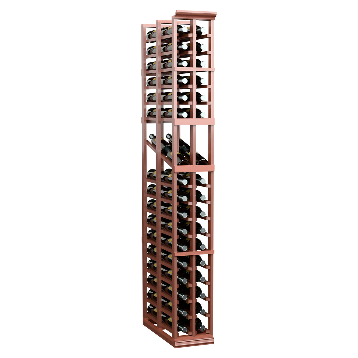 Tall wine display rack with two columns of bottle holes and open front, reddish-brown frame
