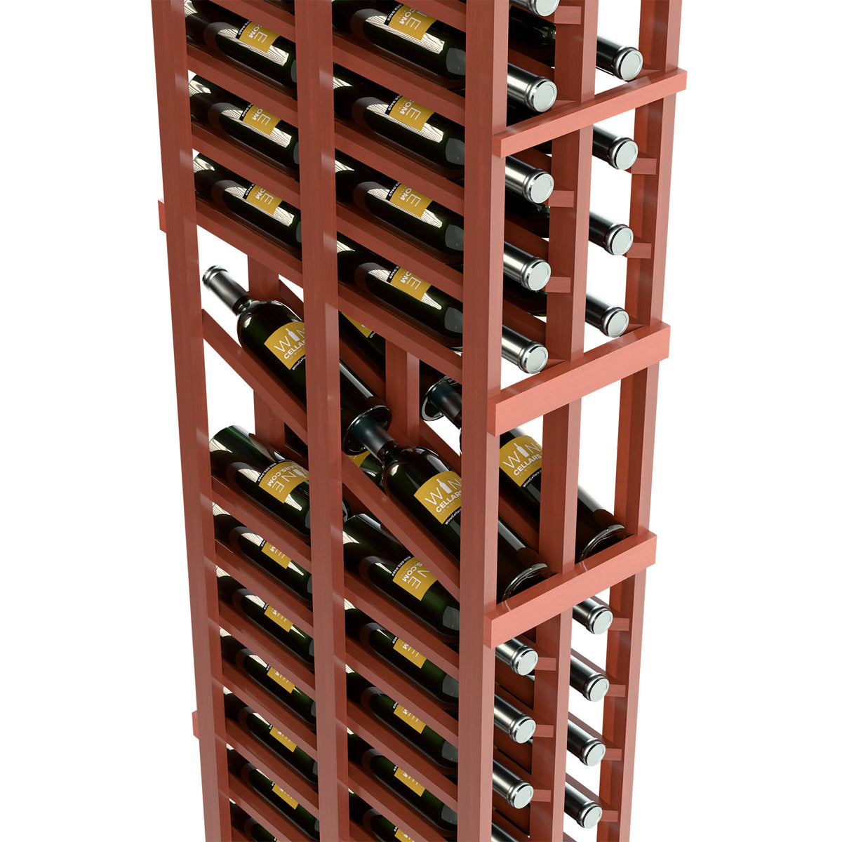Wine rack close-up with bottle storage shelves, reddish-brown frame, and metal bottle pegs