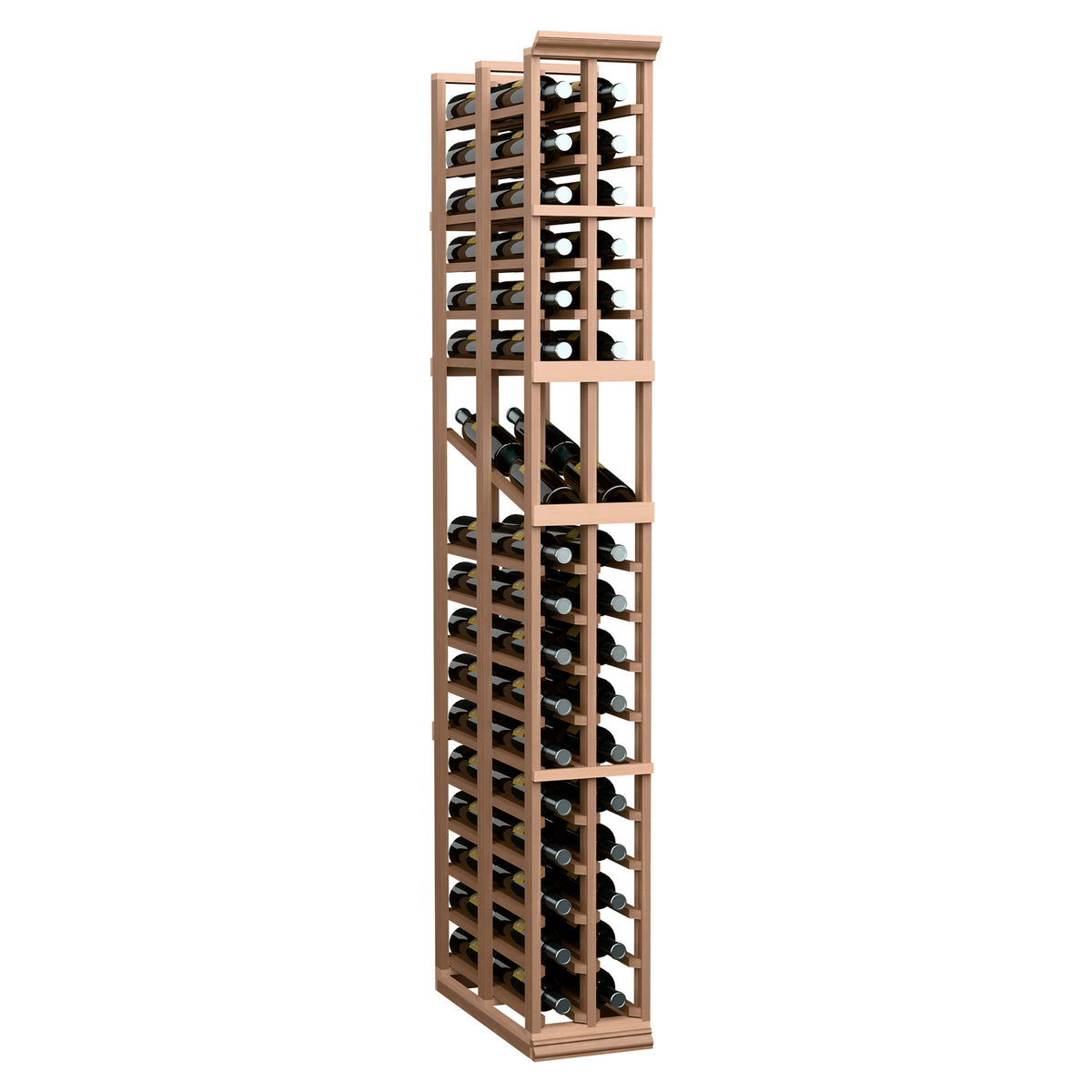 Tall wine display rack with two columns of bottle slots and open front, light wood frame
