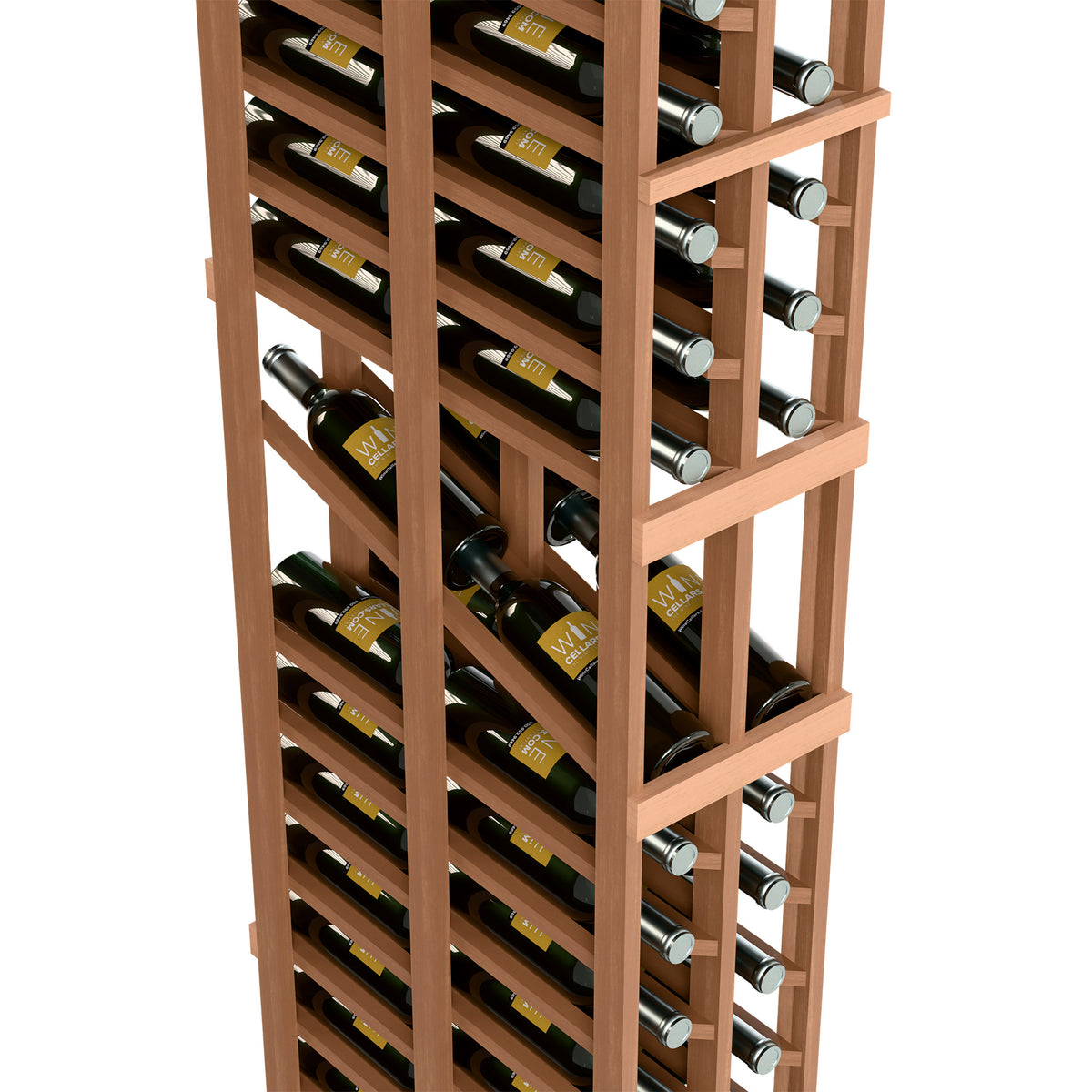 Wine rack close-up showing bottle rows, light wood frame, and metal wine bottle rests