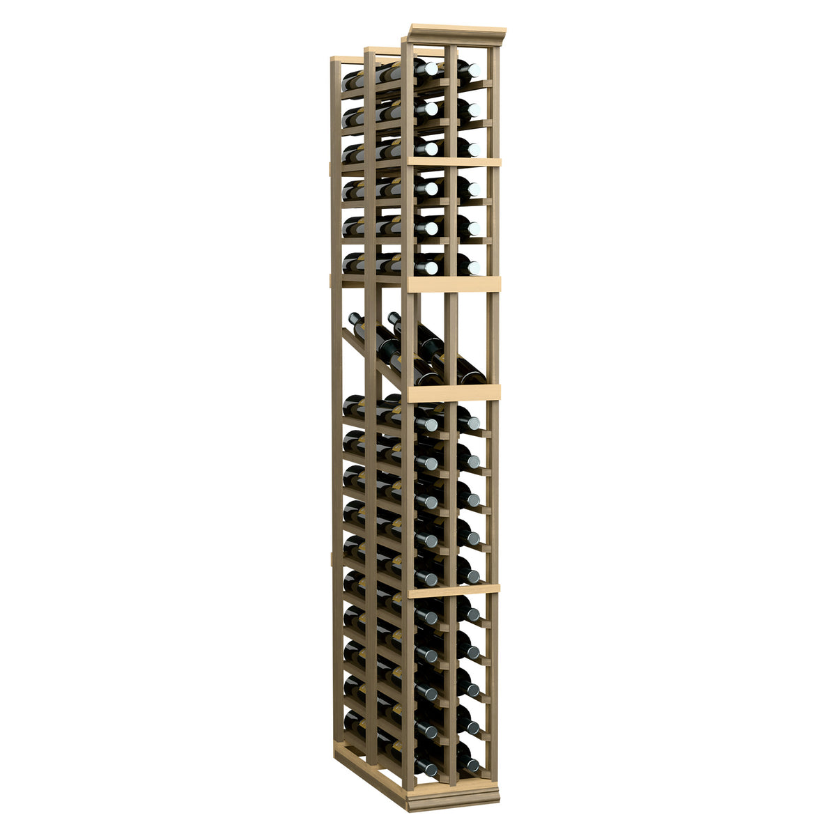 2-column wine display rack with glass-front bottle rows and light wood frame