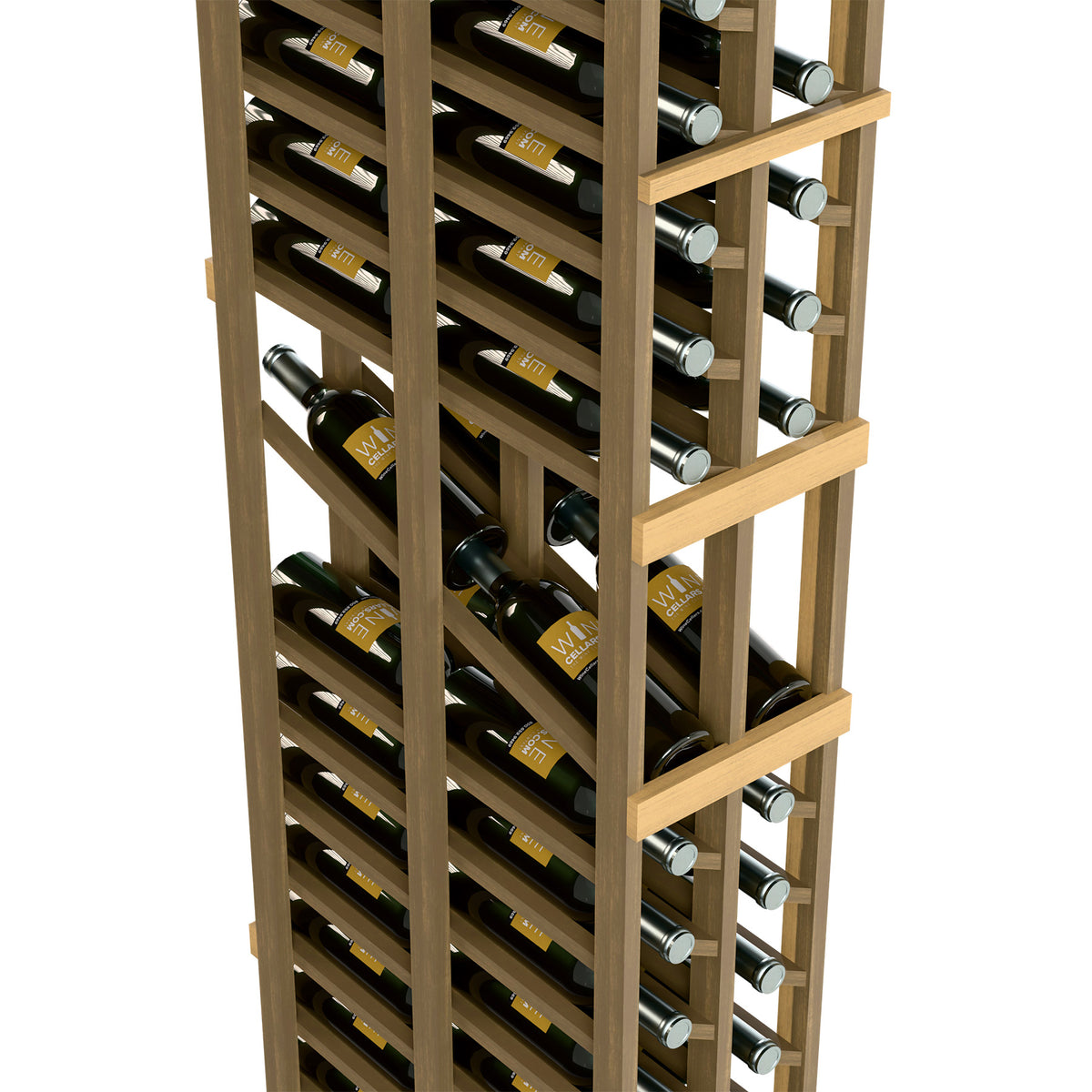 2-column wine display rack interior with bottle holders and stacked wine bottles, light wood