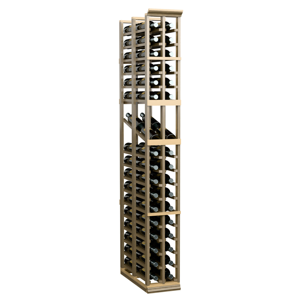 2-column wine display rack with vertical bottle slots and light wood frame, full height