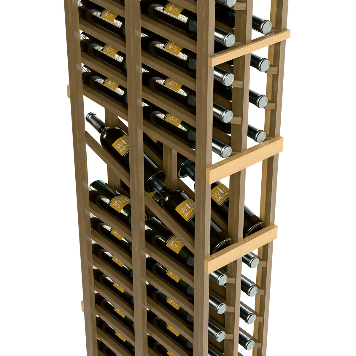 2-column wine display rack with bottle slots and wine bottles on rails, light wood finish