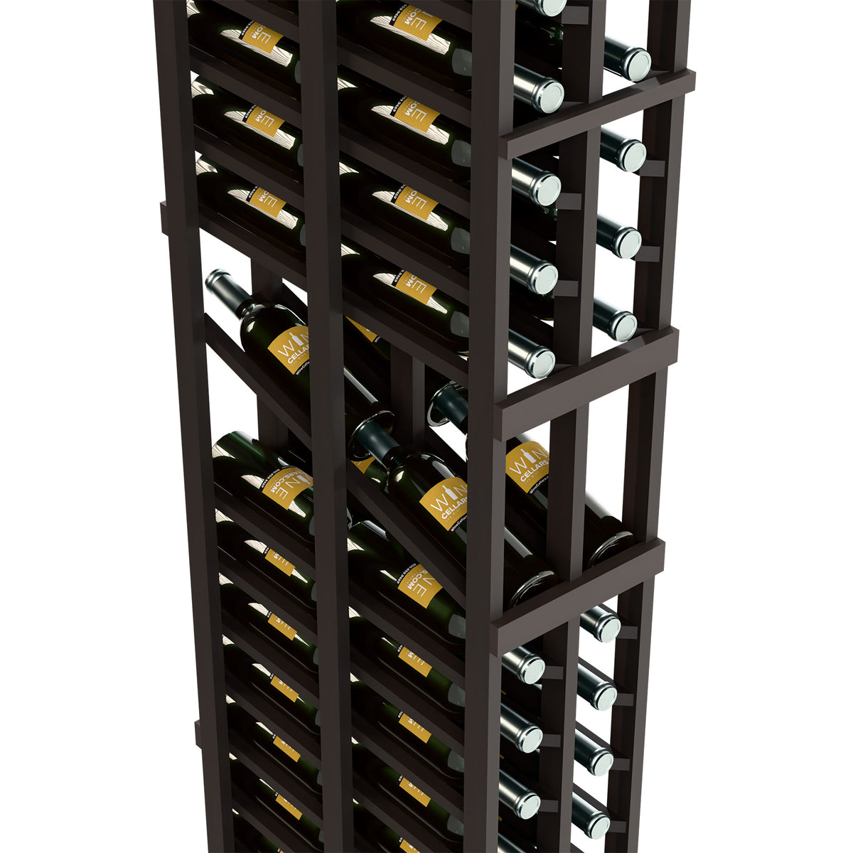 2-column wine display rack interior with bottle rows and metal bottle rests, dark frame