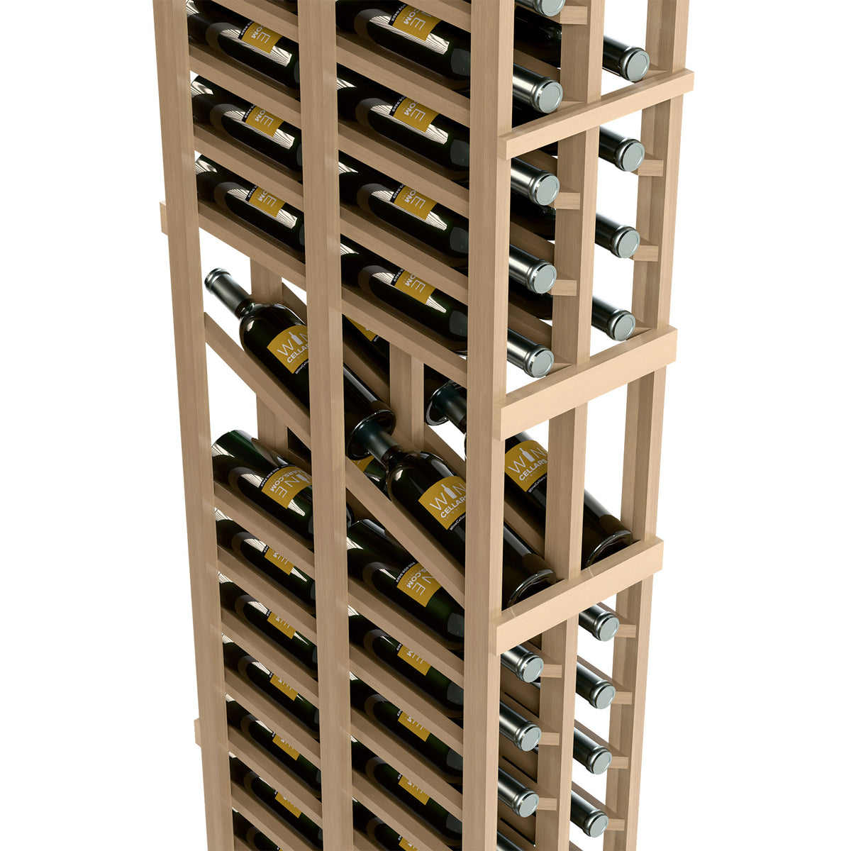 Light wood wine display rack close-up with stacked horizontal slots for wine bottles.