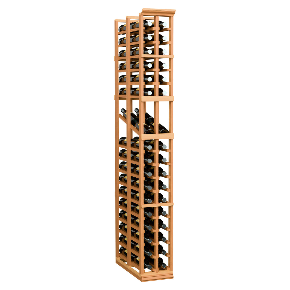 2-column double-deep wine display rack with horizontal bottle slots, light wood finish.