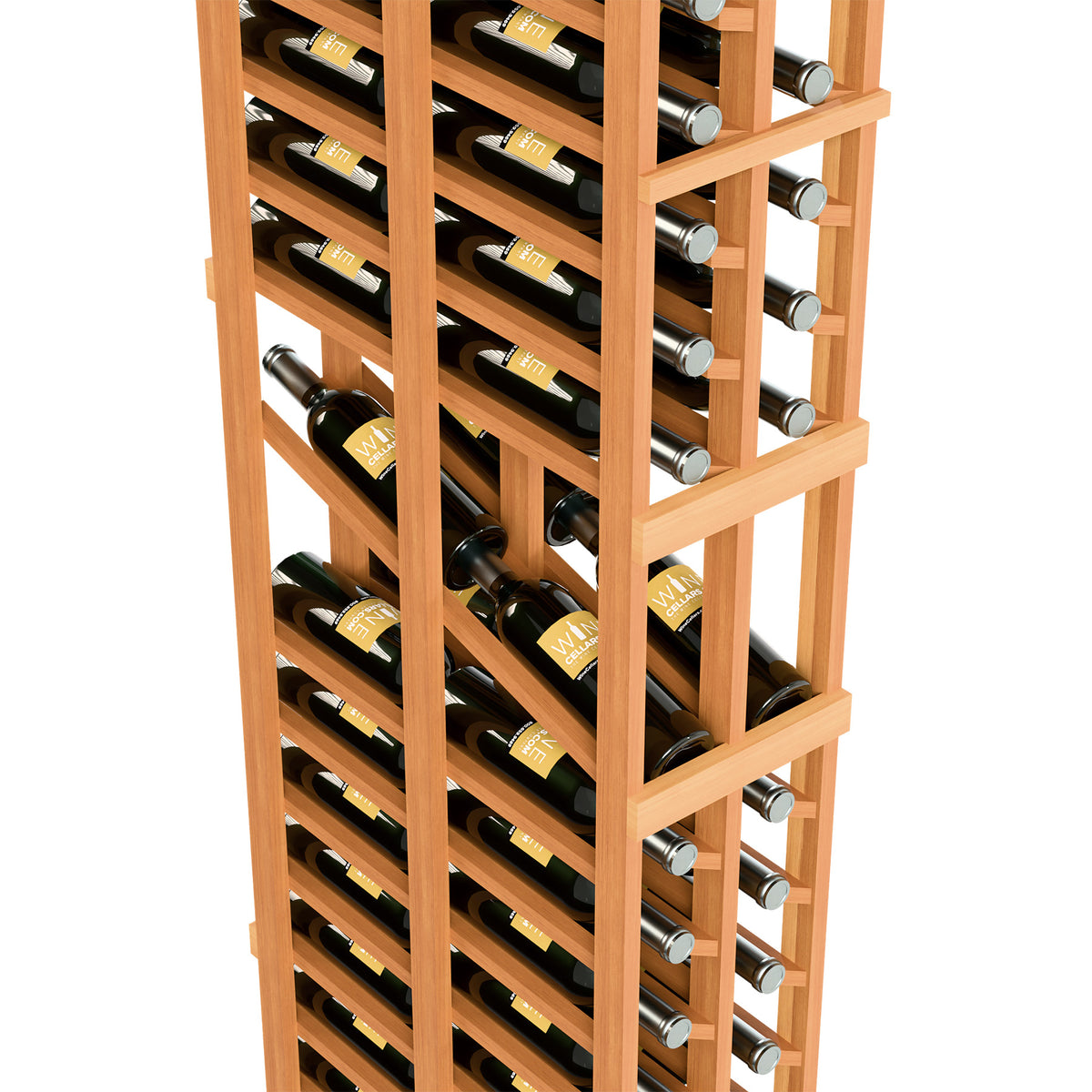Light wood wine rack close-up with horizontal bottle rows and metal bottle holders.