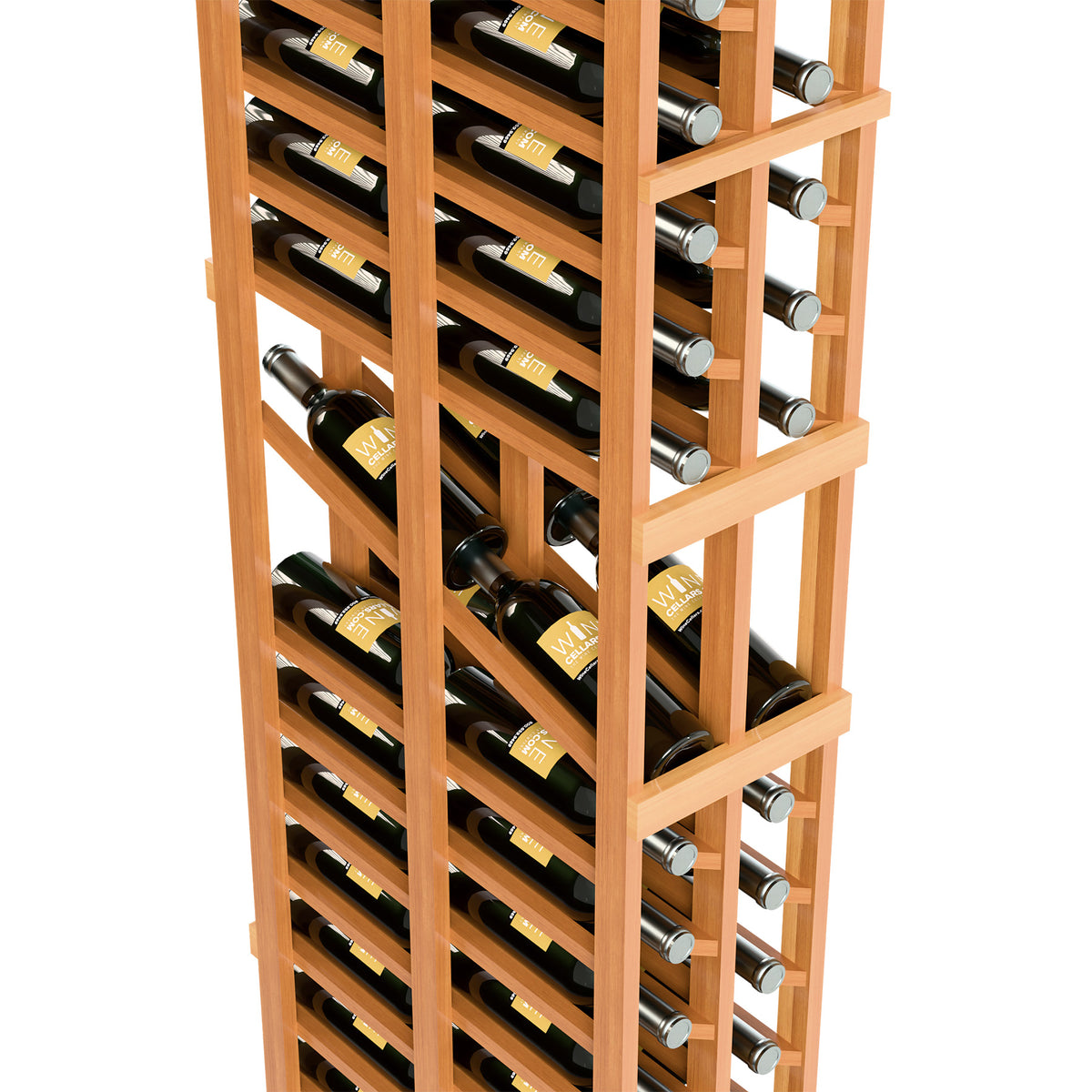 Light wood wine display rack close-up showing horizontal bottle slots and bottle necks.