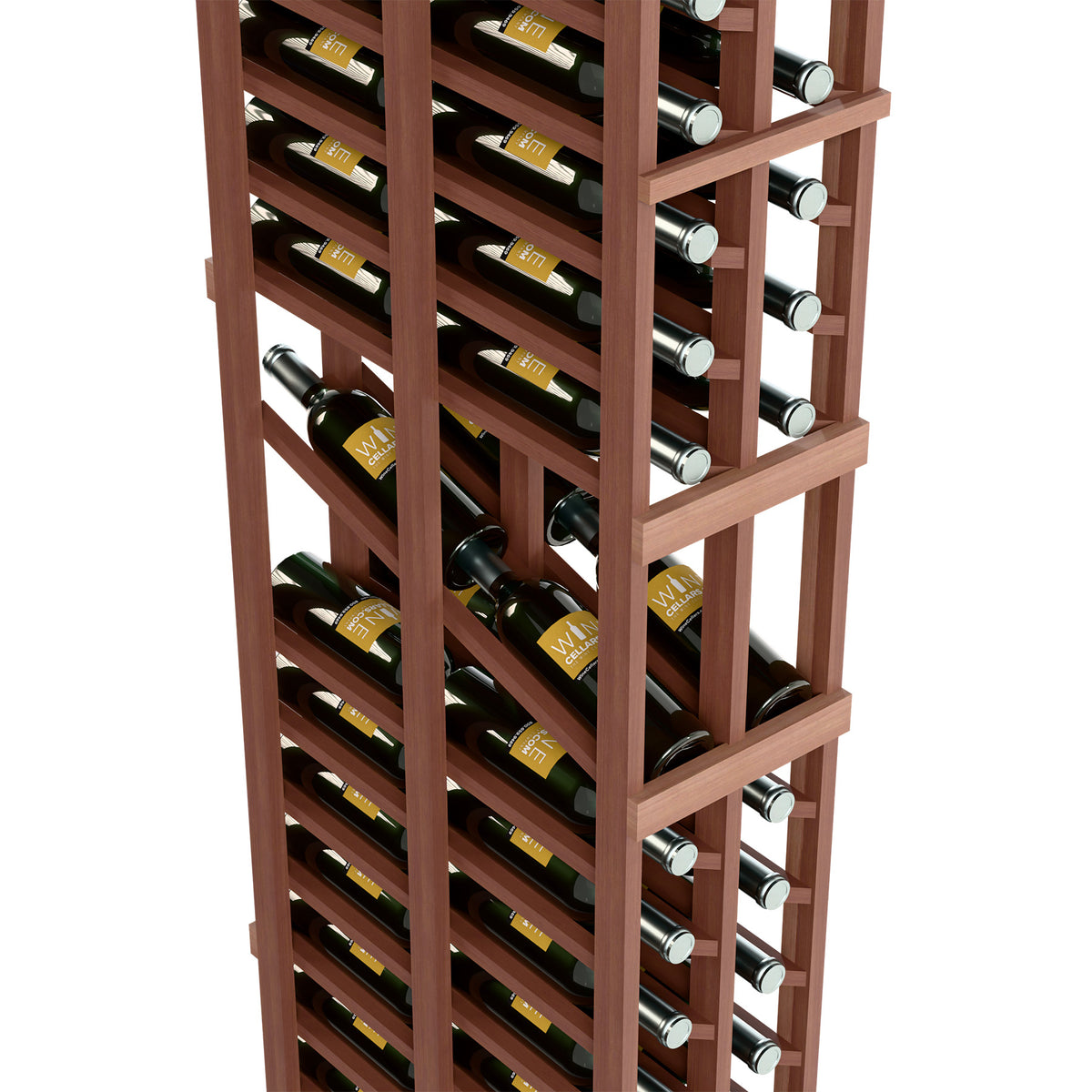 Dark wood wine rack close-up with stacked horizontal bottle slots and metal holders.