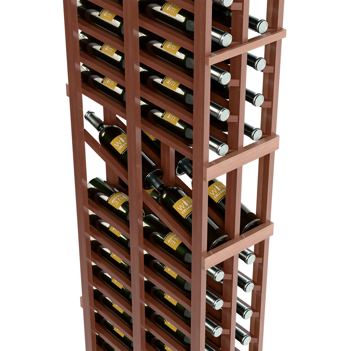 Angled view of two-column wine display rack with bottle cradles and rows of bottles