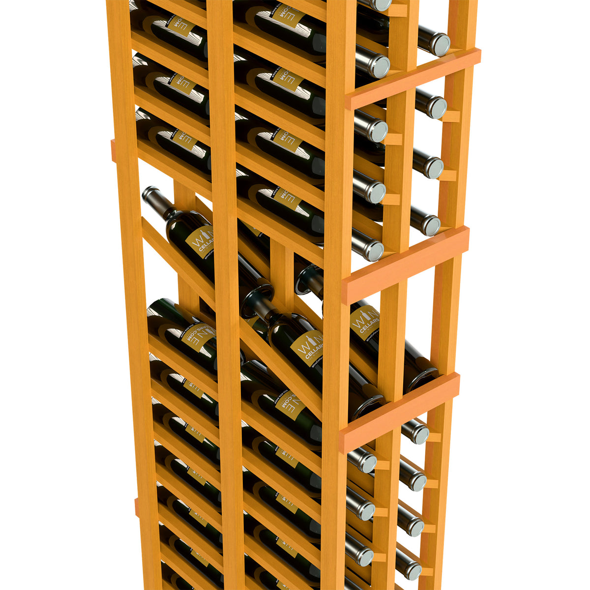 Angled view of two-column wine display rack with bottle cradles and bottle rows