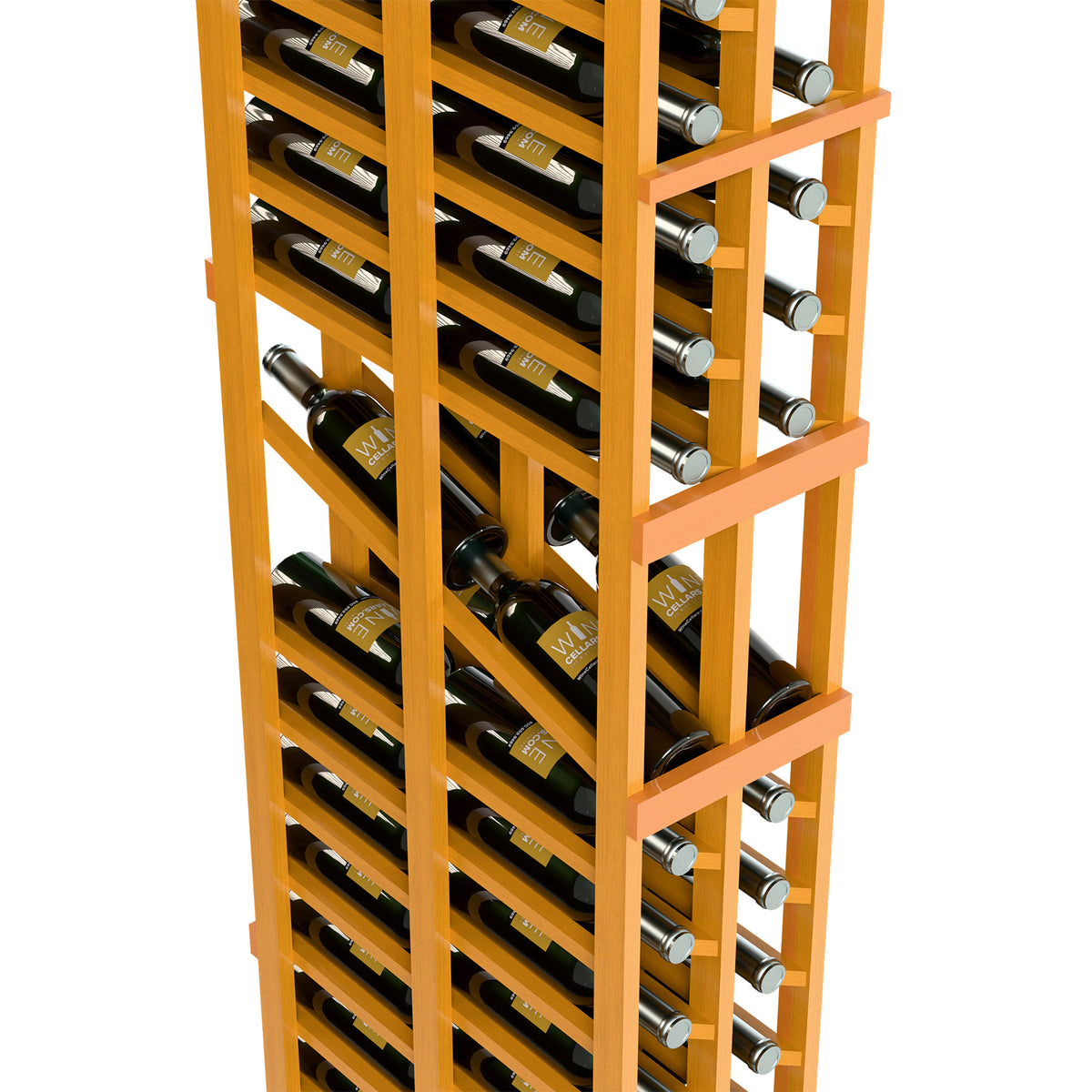 Angled view of two-column wine display rack with bottle cradles and bottle rows