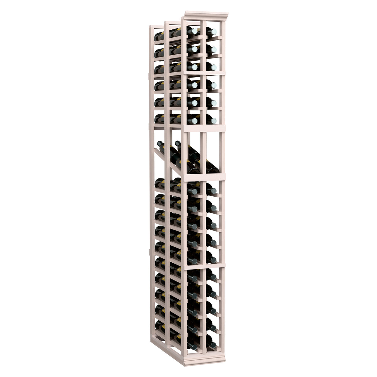Tall two-column wine display rack with bottle slots, whitewash wood finish