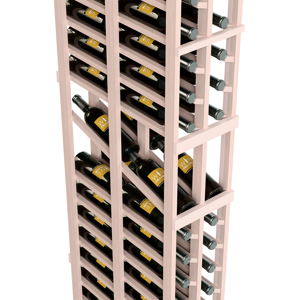 Angled view of two-column wine display rack with bottle cradles and bottle rows