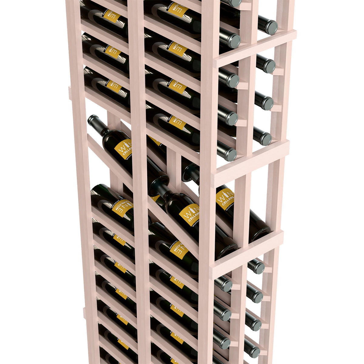 Angled view of two-column wine display rack with bottle cradles and bottle rows