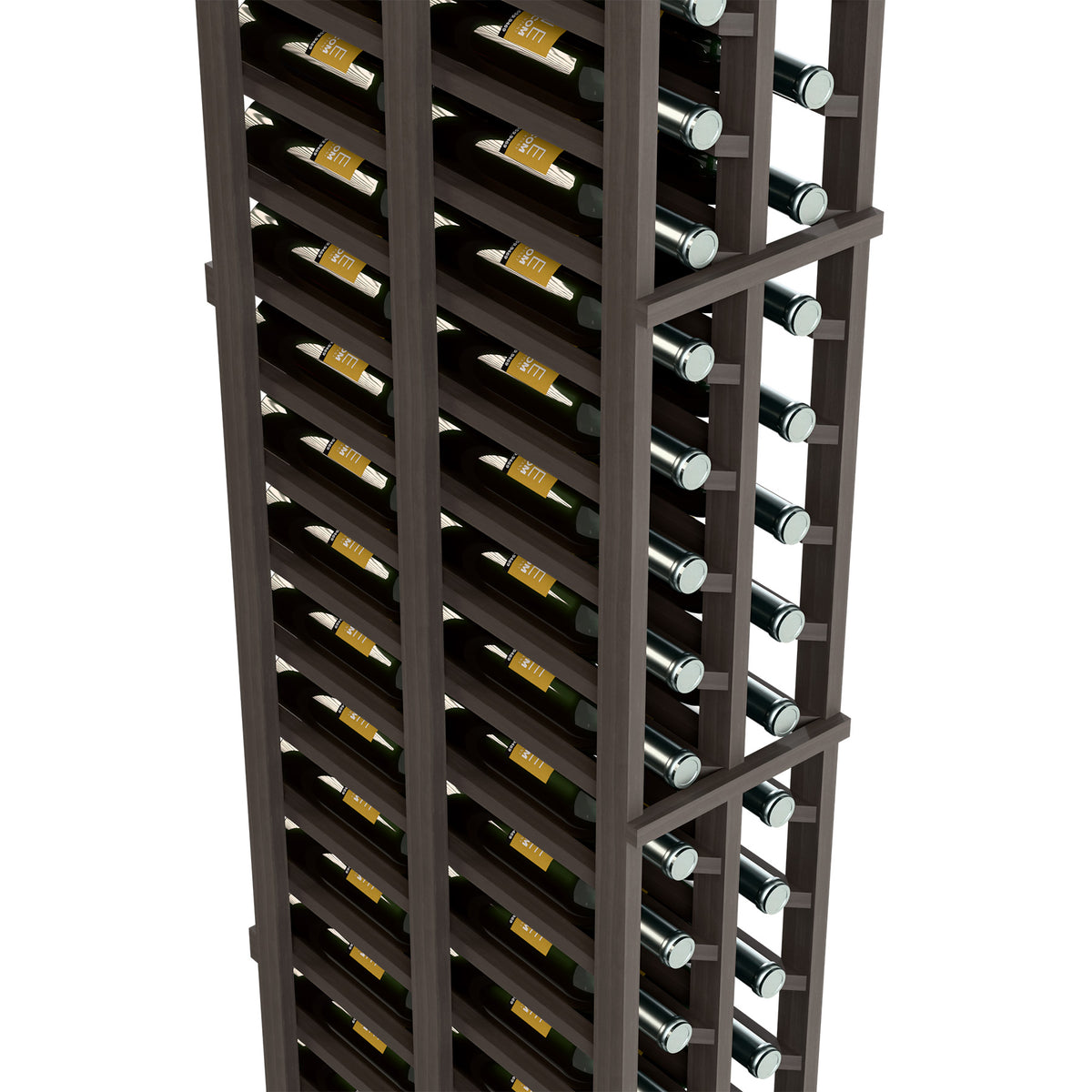 Two-column wine rack close-up, dark frame with bottle slots and silver caps