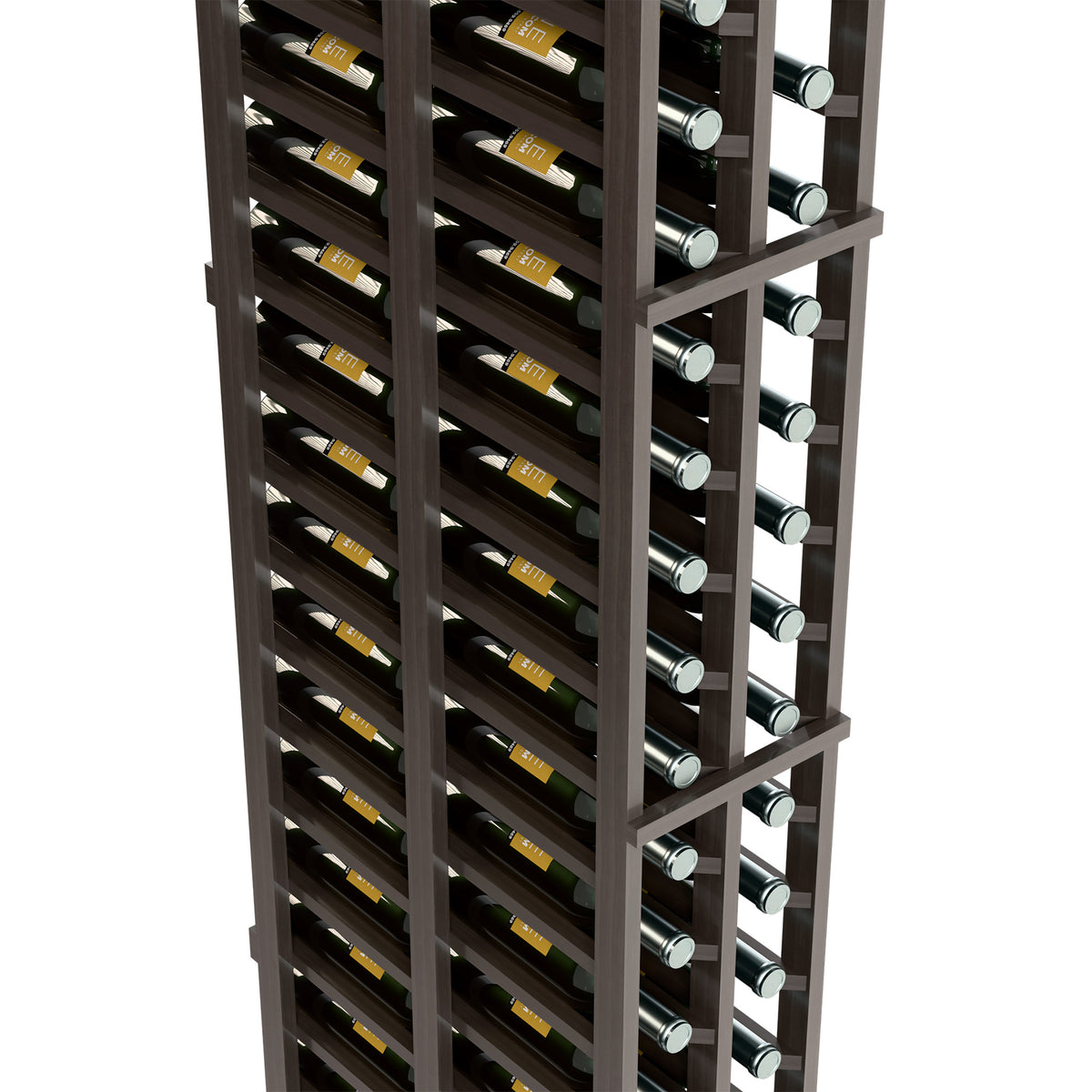 Two-column wine rack close-up, dark frame with two-sided bottle storage
