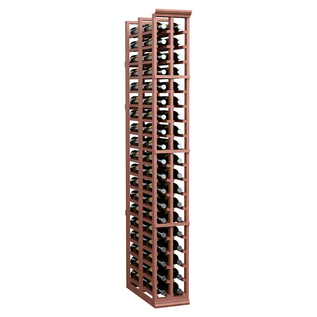 Two-column double-deep wine bottle rack, warm brown frame with stacked bottle rows