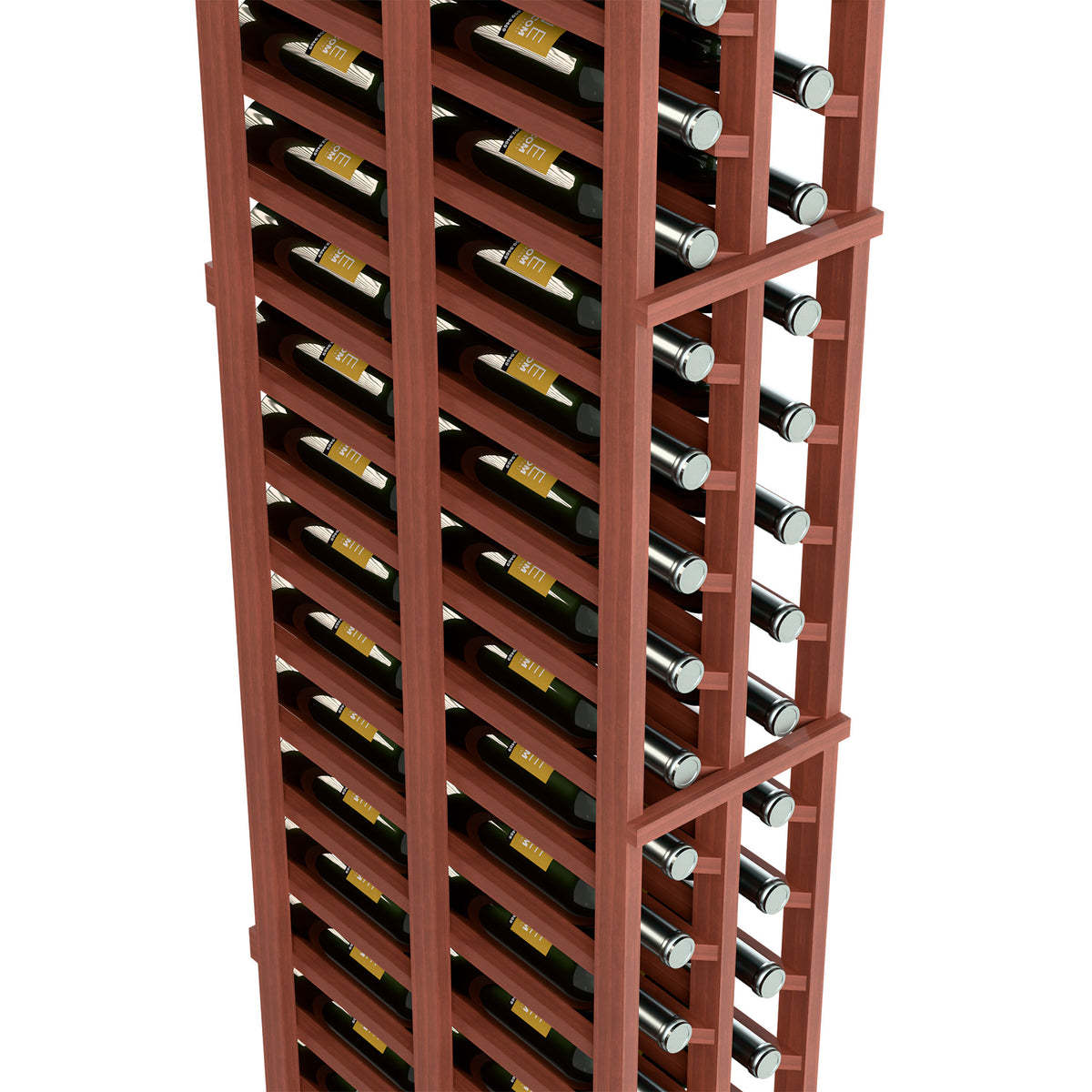 Two-column wine rack close-up, warm brown frame with bottle slots and silver caps
