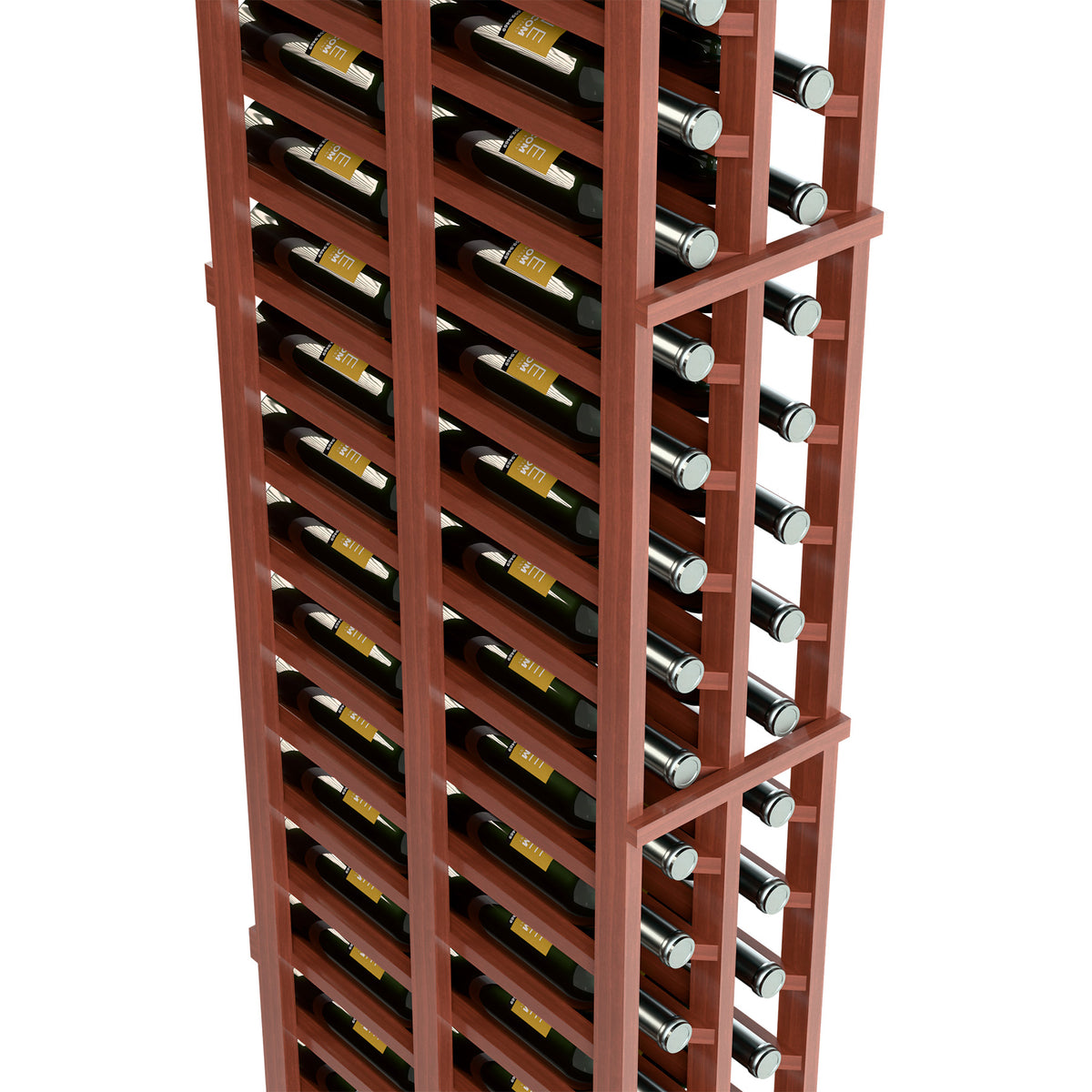 Two-column wine rack close-up, warm brown frame with two-sided bottle storage