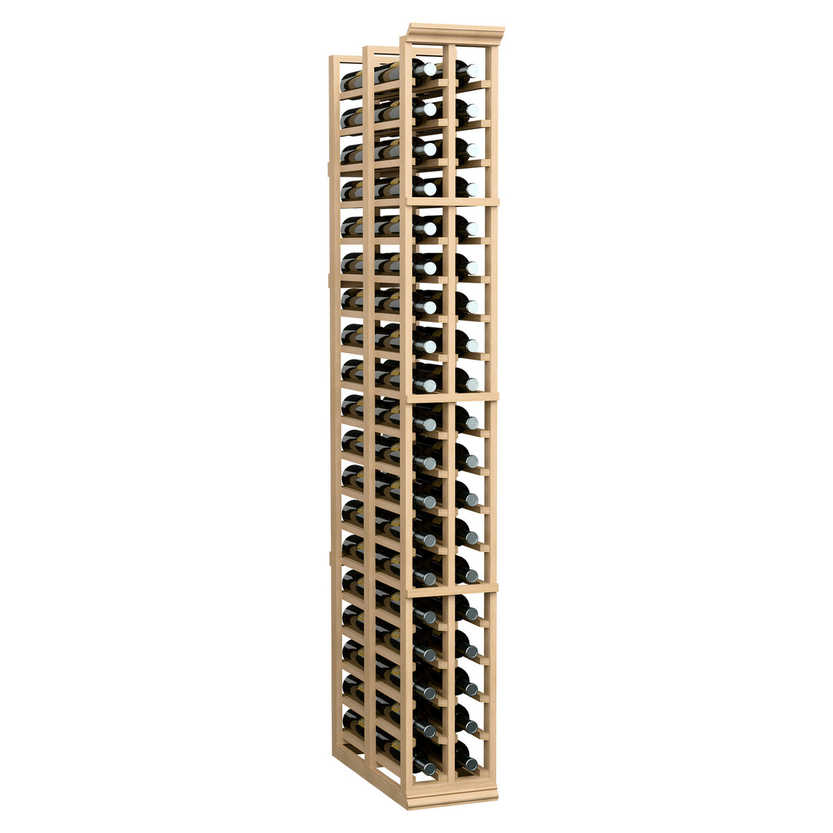 Two-column double-deep wine bottle rack, light wood frame with stacked bottle rows