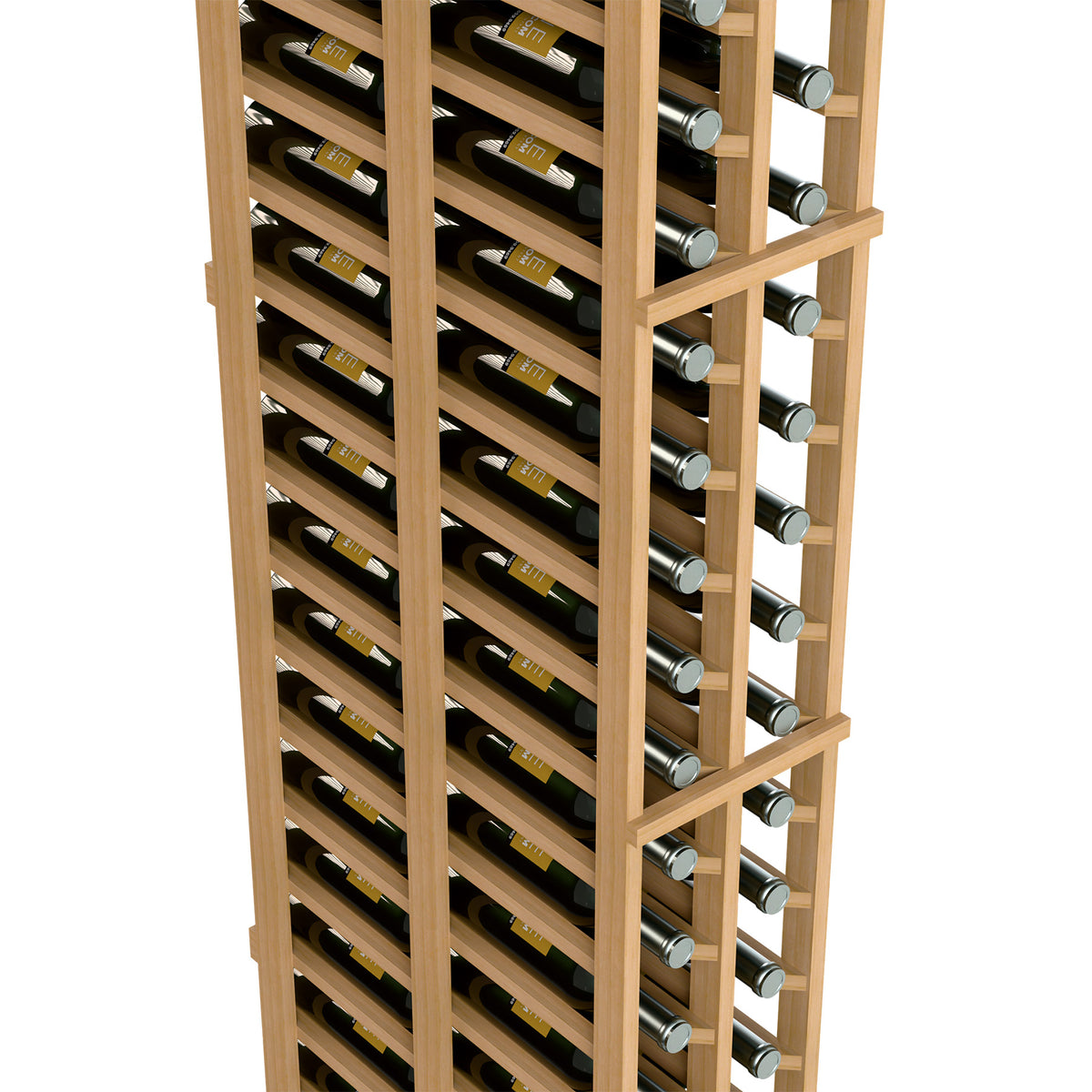 Two-column wine rack close-up, light wood frame with bottle slots and silver caps