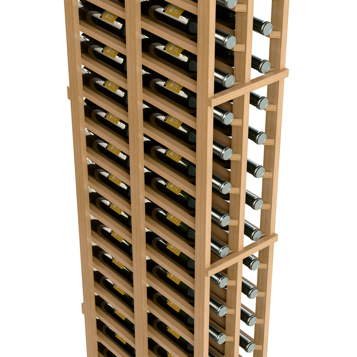 Light wood two-column wine rack with close-up of horizontal bottle holders