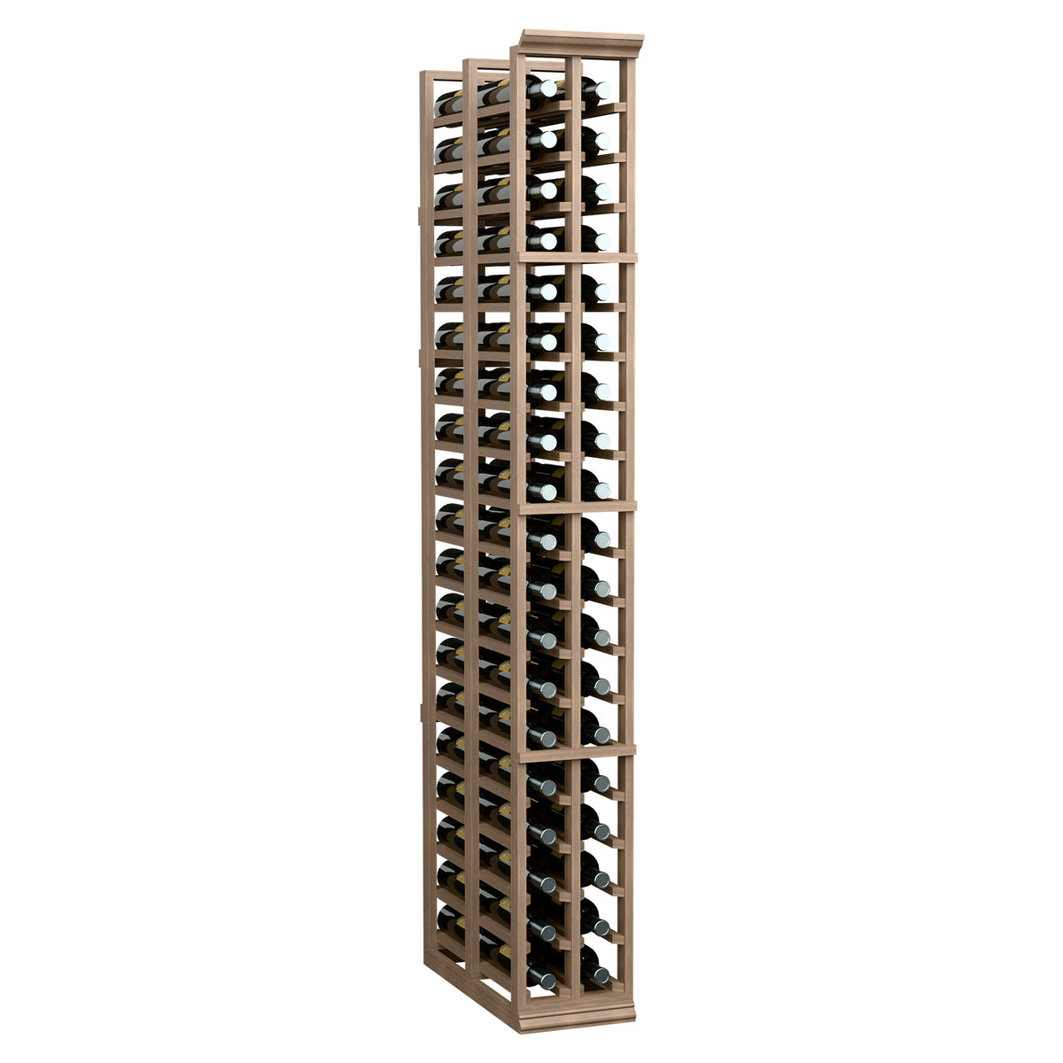 Light wood wine bottle rack standing upright with two columns of bottle slots