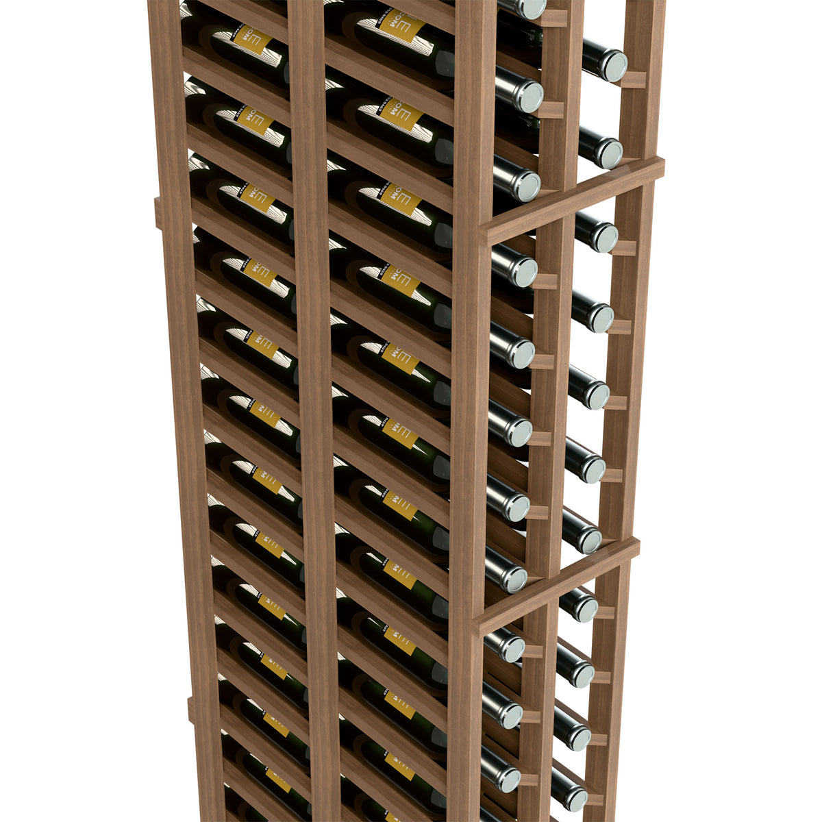 Light wood two-column wine rack with multiple rows of horizontal bottle spaces