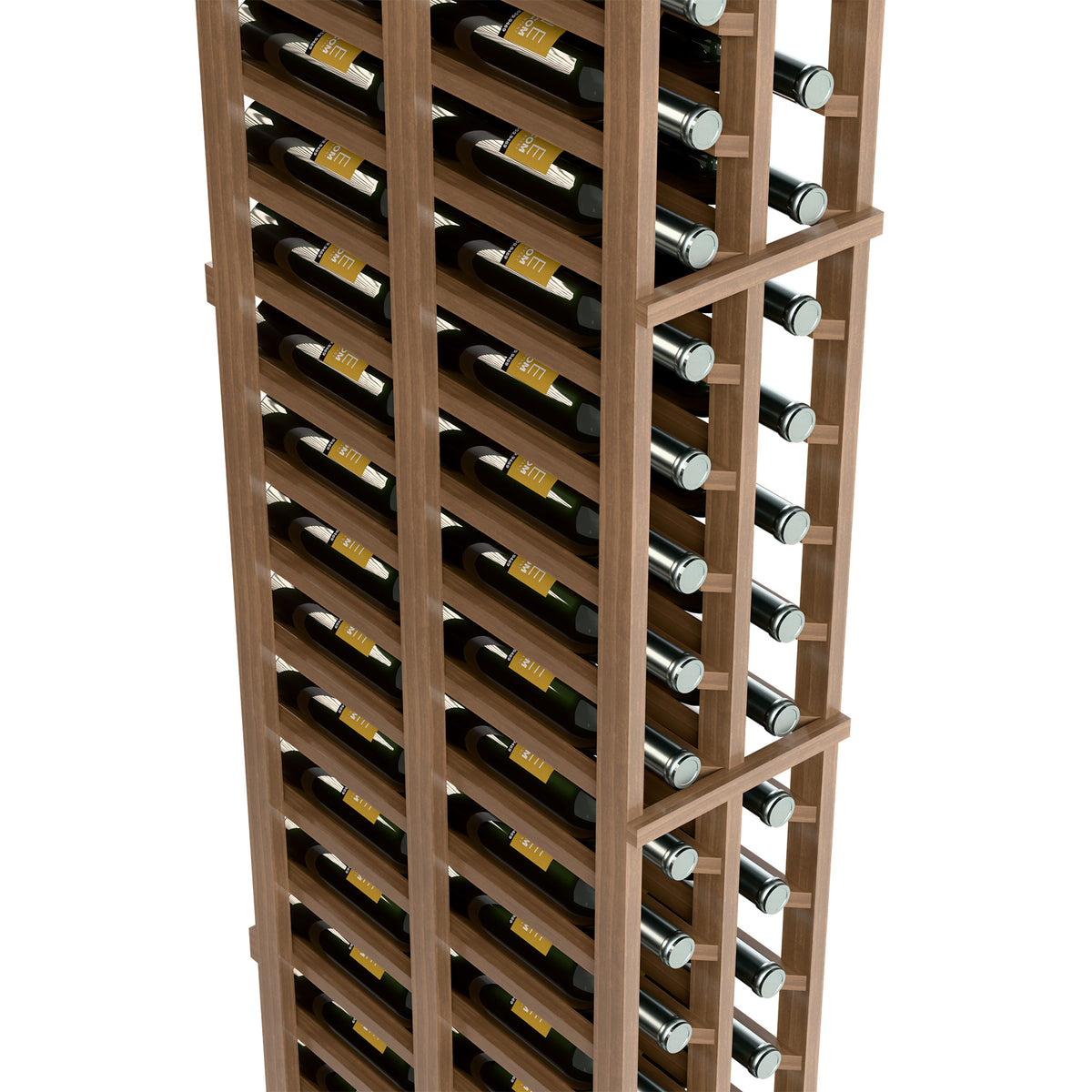 Light wood two-column wine rack showing many horizontal bottle spaces