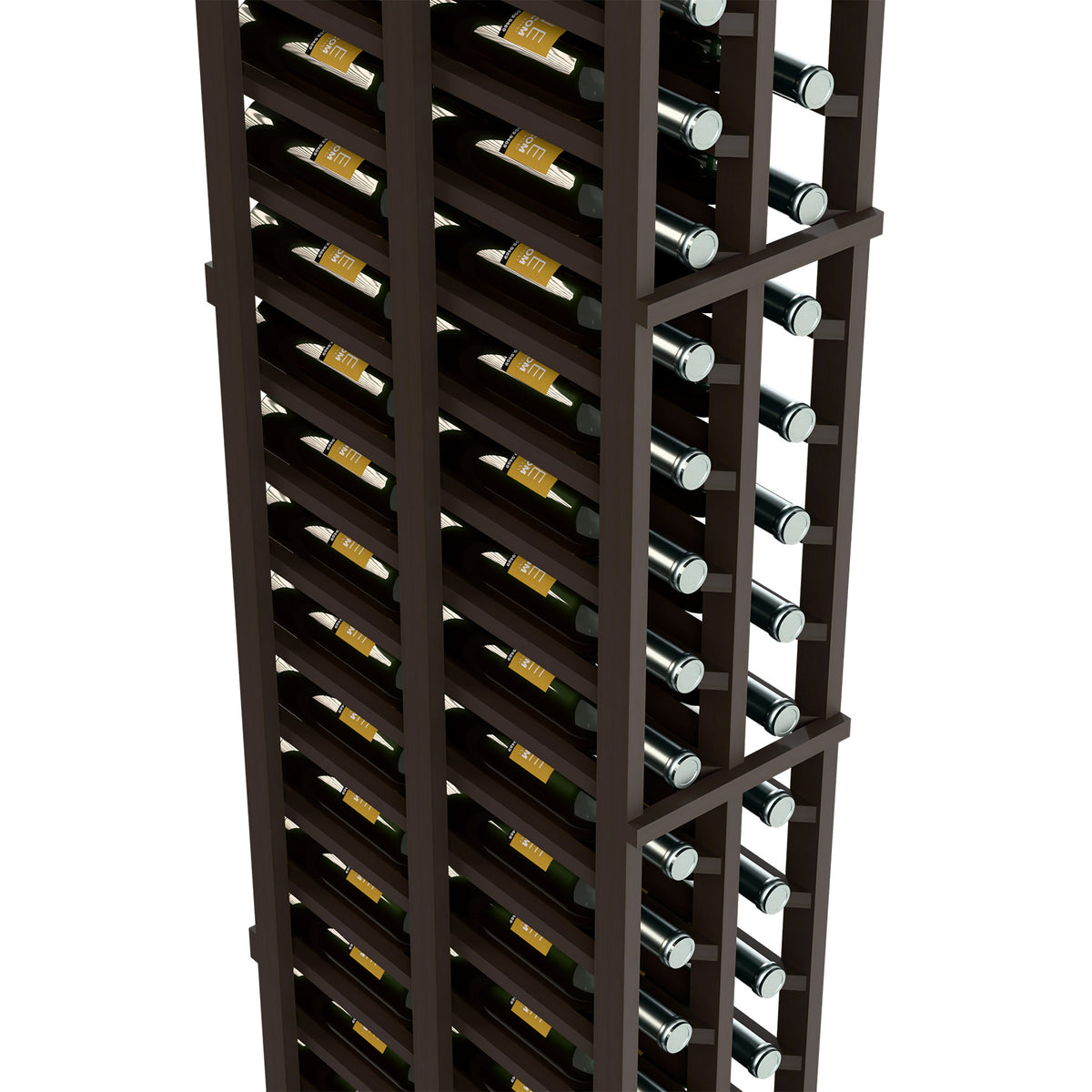Dark wood two-column wine rack with close-up of horizontal bottle slots