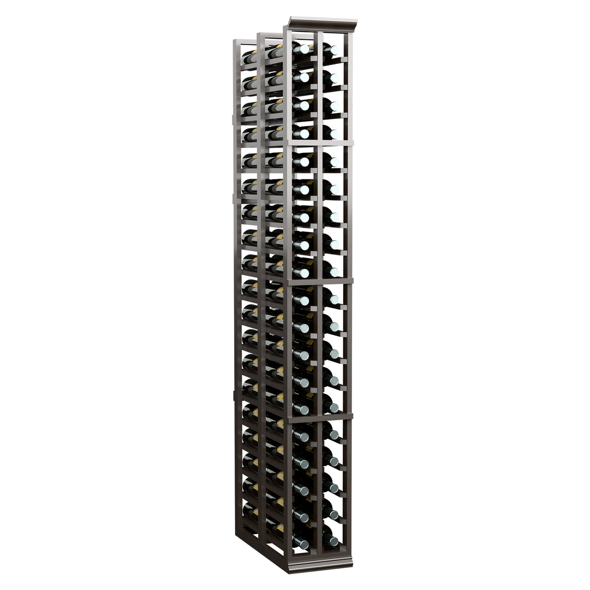 Dark wood wine bottle rack standing upright with two columns of bottle spaces