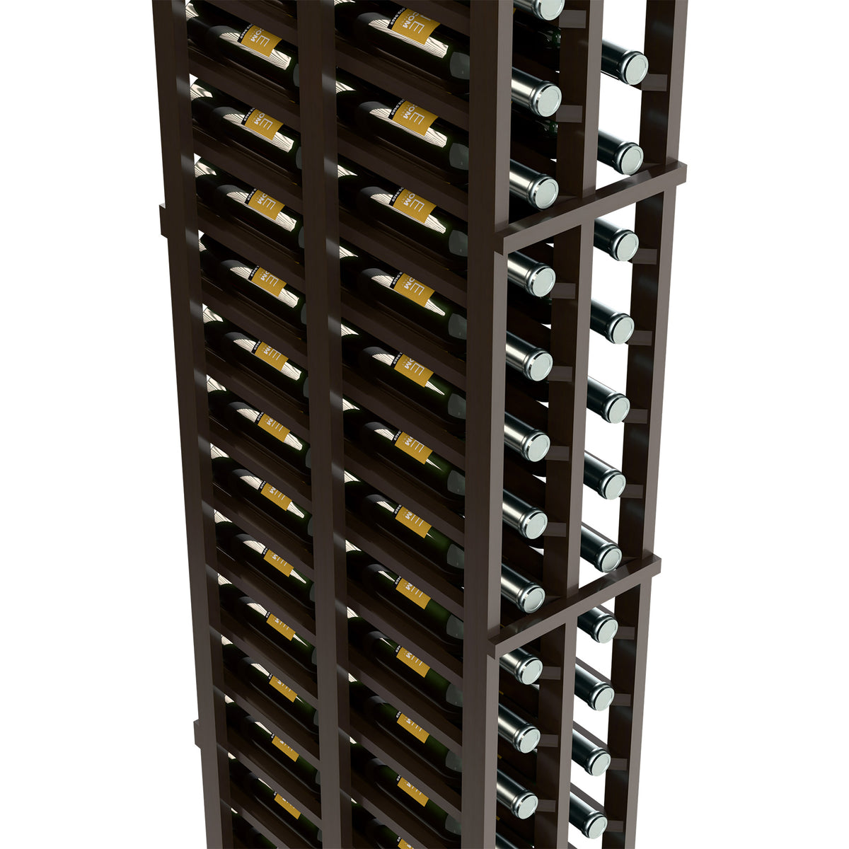 Dark wood two-column wine rack with multiple rows of horizontal bottle holders