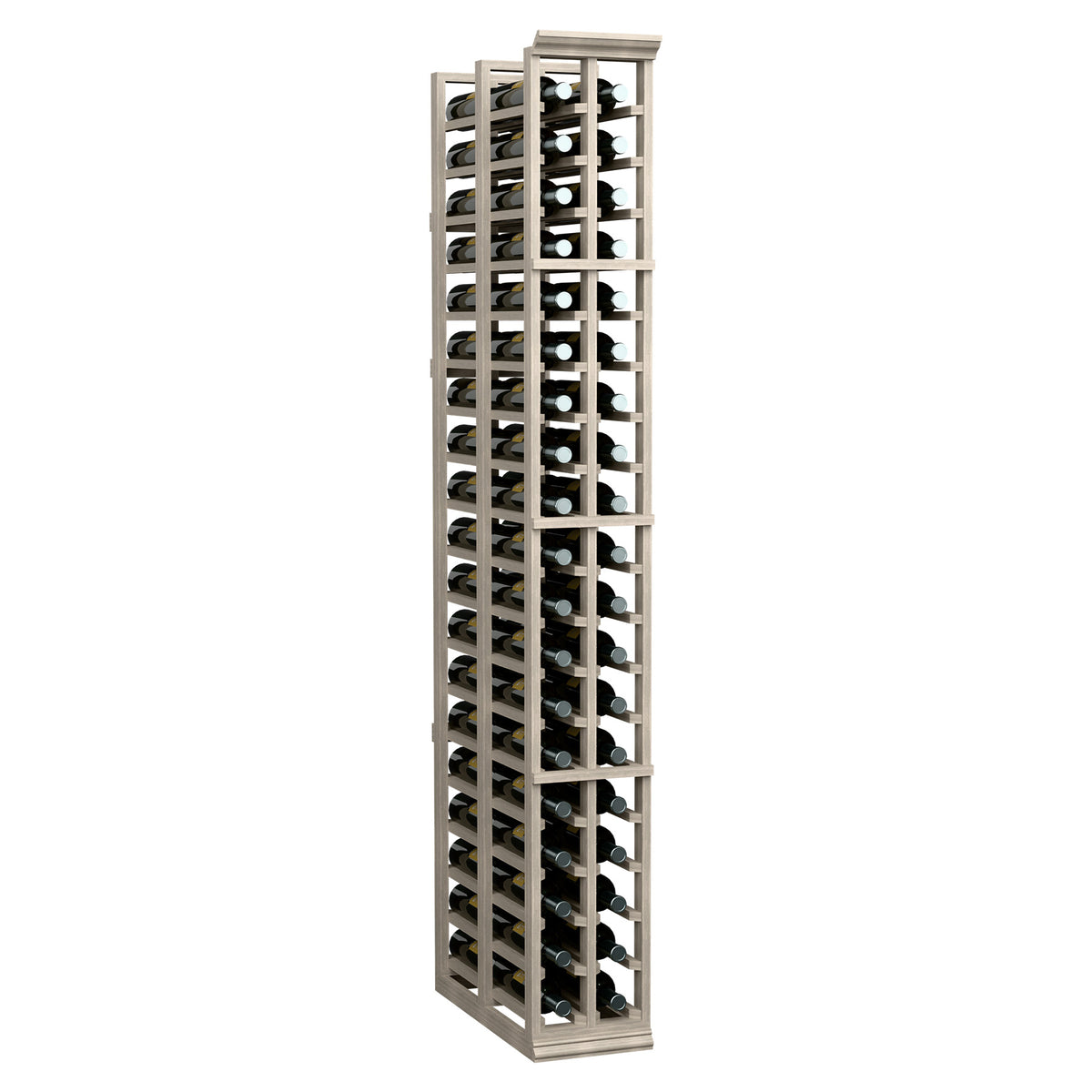 Two-column wine bottle rack, front view, light gray wood frame with bottle openings