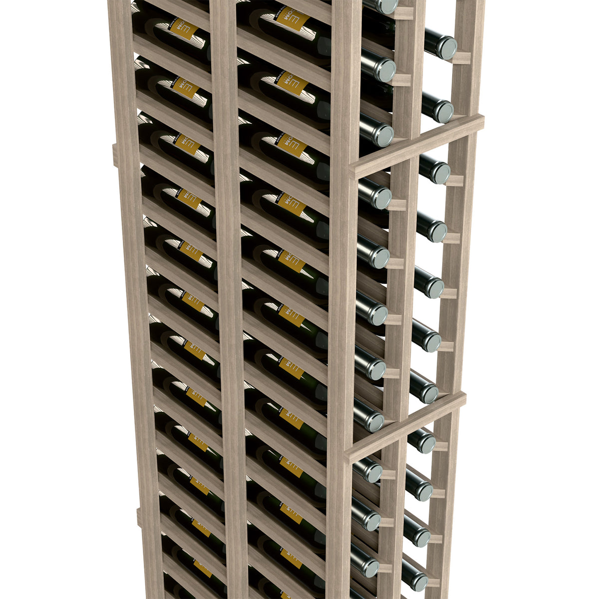 Two-column wine bottle rack, angled side close-up, light gray wood slats and bottle slots