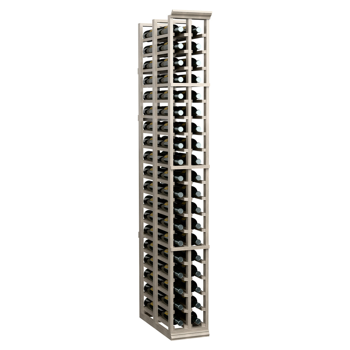Two-column wine bottle rack, front view, light gray wood structure with metal bottle rests