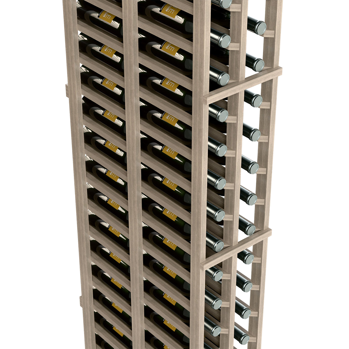 Two-column wine bottle rack, side close-up, light gray shelves holding wine bottles