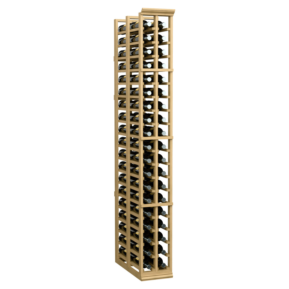 Two-column wine bottle rack, front view, light wood frame with bottle openings