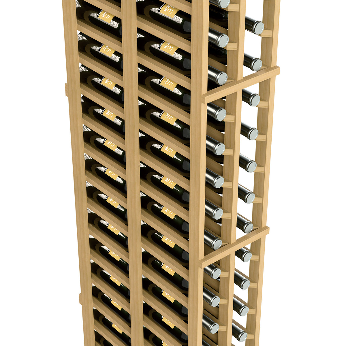 Two-column wine bottle rack, angled side close-up, light wood slats and bottle holders