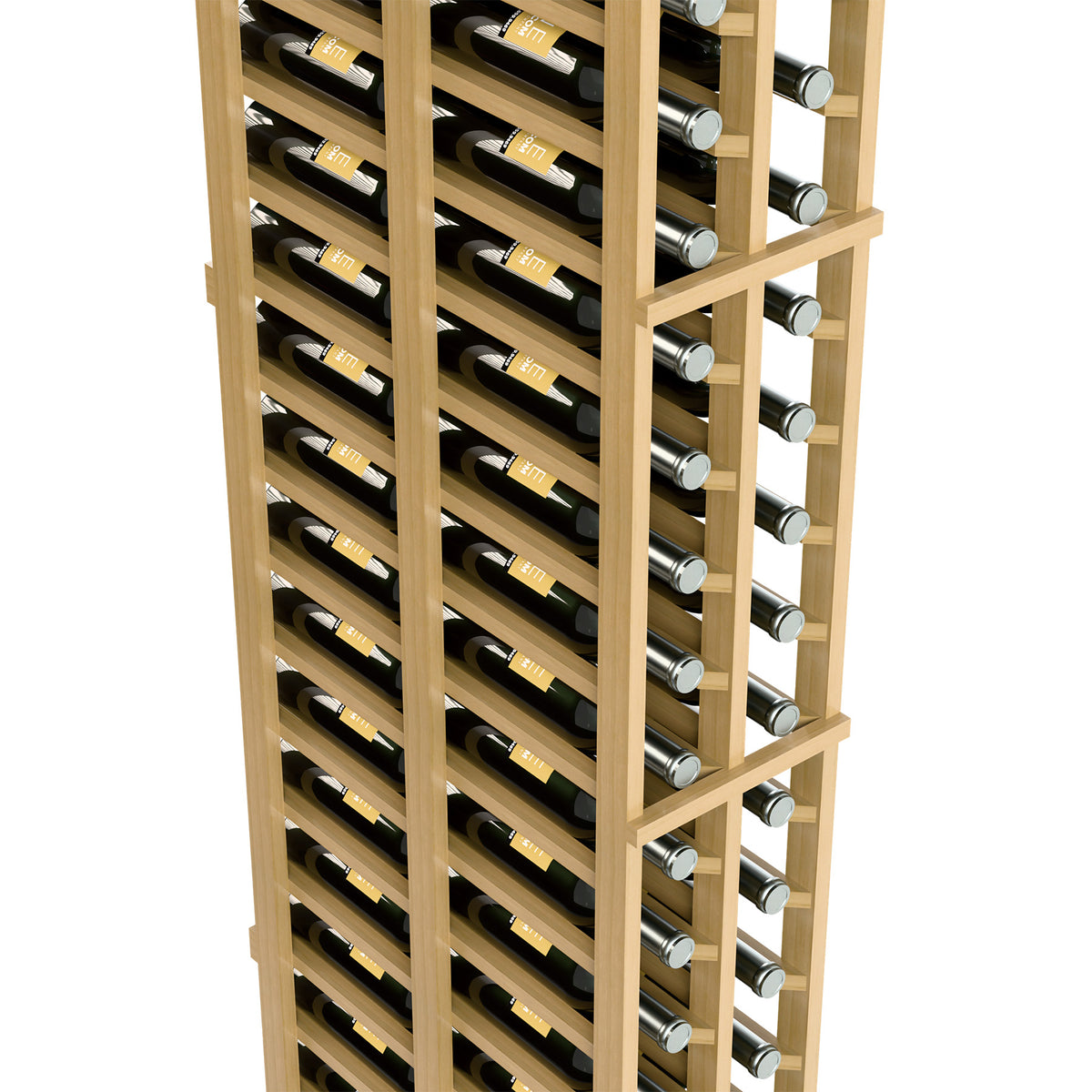 Two-column wine bottle rack, side close-up, pale wood shelves with wine bottle slots