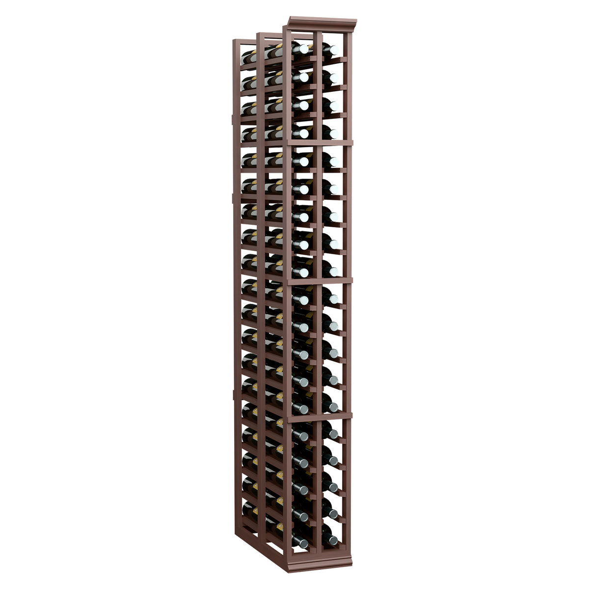 Two-column wine bottle rack, front view, dark brown wood frame with bottle openings