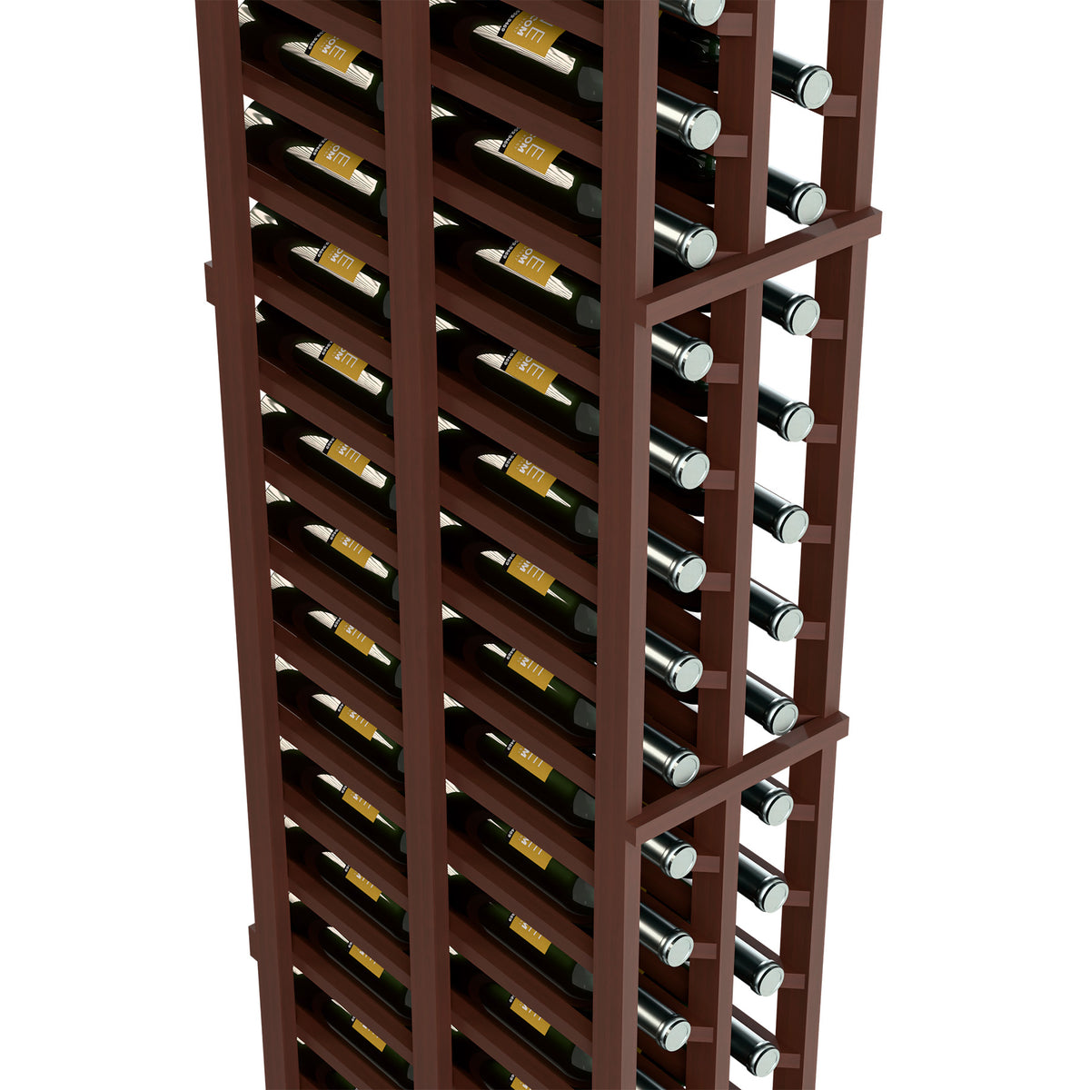 Two-column wine bottle rack, side close-up, dark brown shelves holding wine bottles