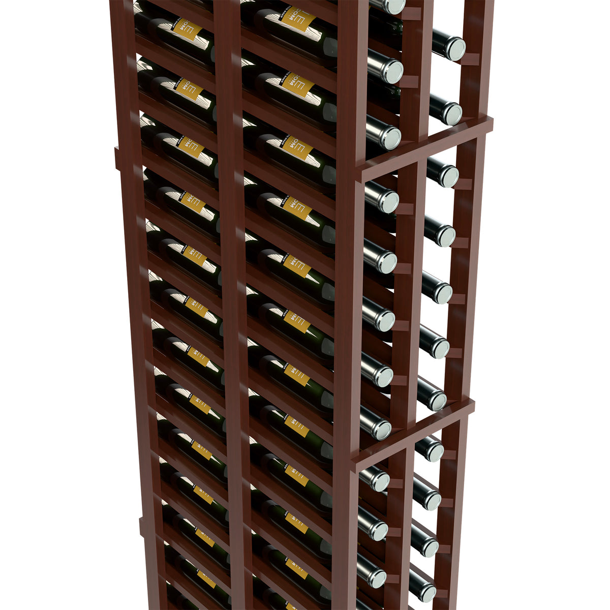 Wine storage rack side view with double columns, bottle neck rests in slots, dark wood.