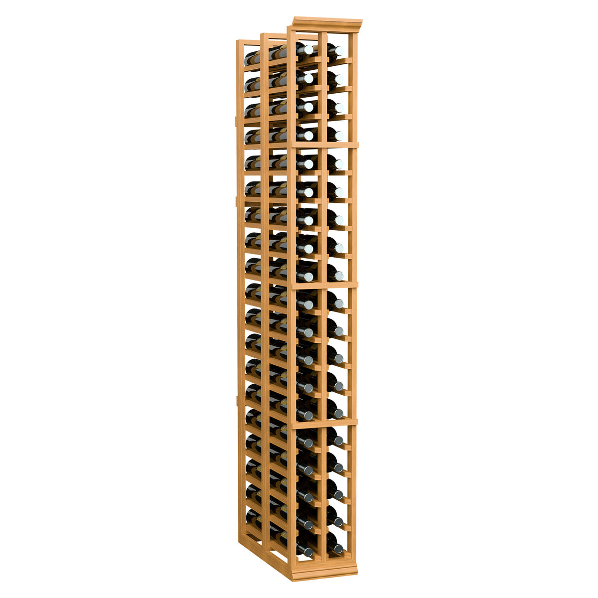 Wood wine rack with two vertical columns, bottle slots, light natural finish.